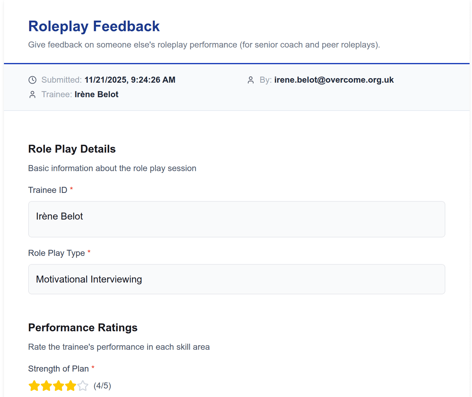 A completed roleplay feedback form with star ratings