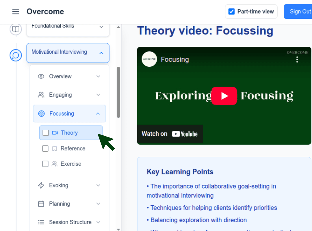 A theory video lesson open in the course sidebar